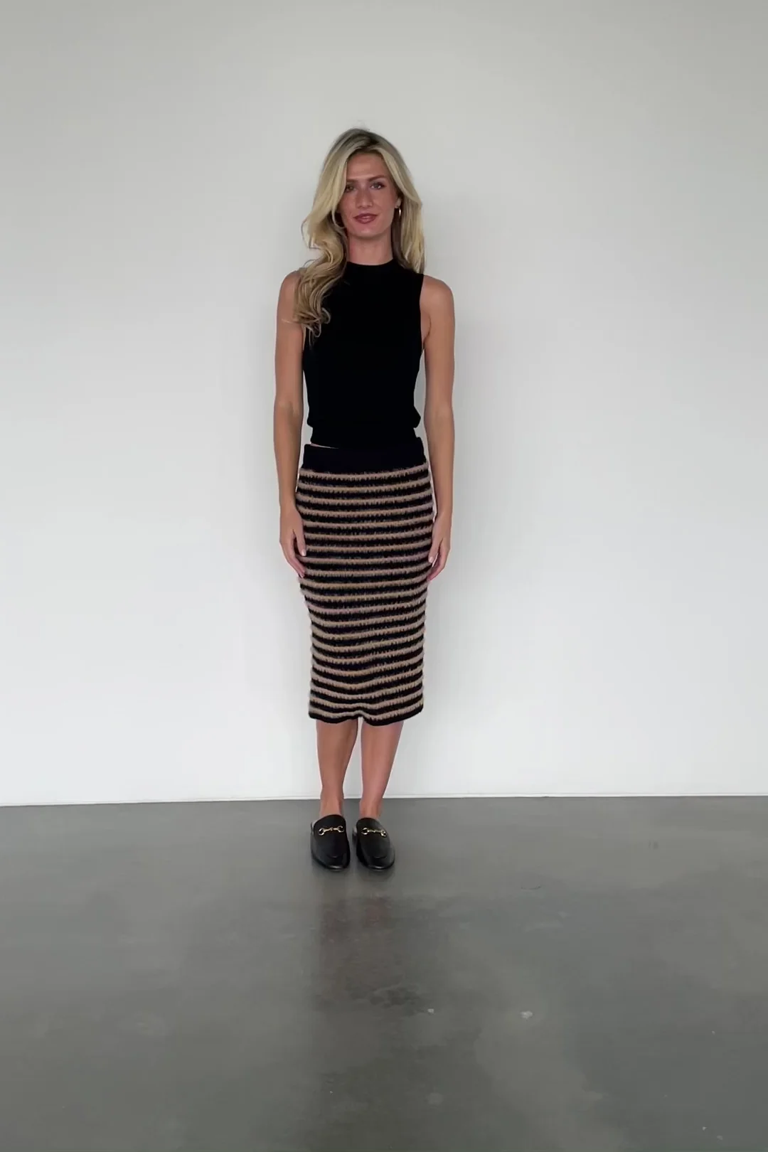 Mitzi Ribbed Midi Skirt — Black & Camel