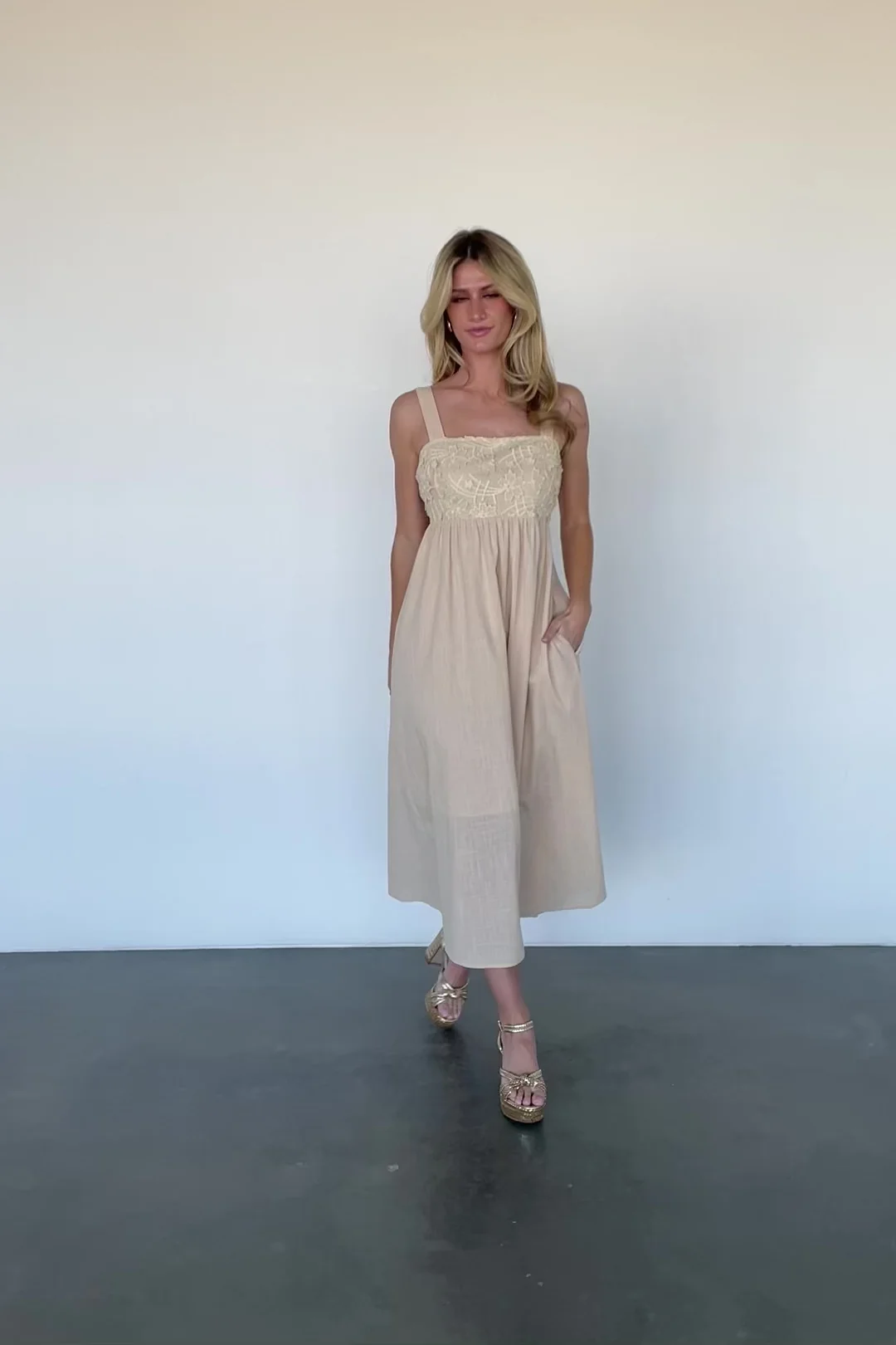 Mia Tie Back Dress in Natural Cotton Midi