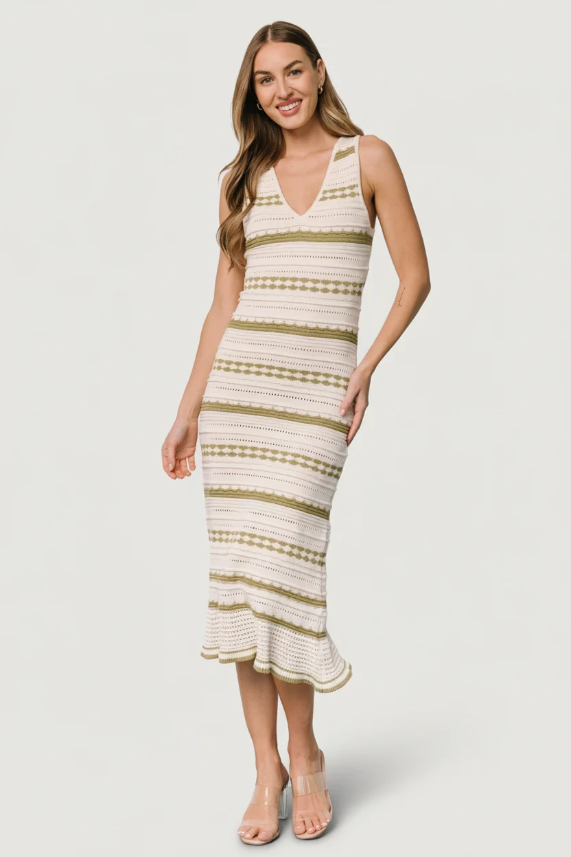 Nicolette Pointelle Knit Midi Dress Cream Sage 1 Nicolette Pointelle Knit Midi Dress Cream Sage