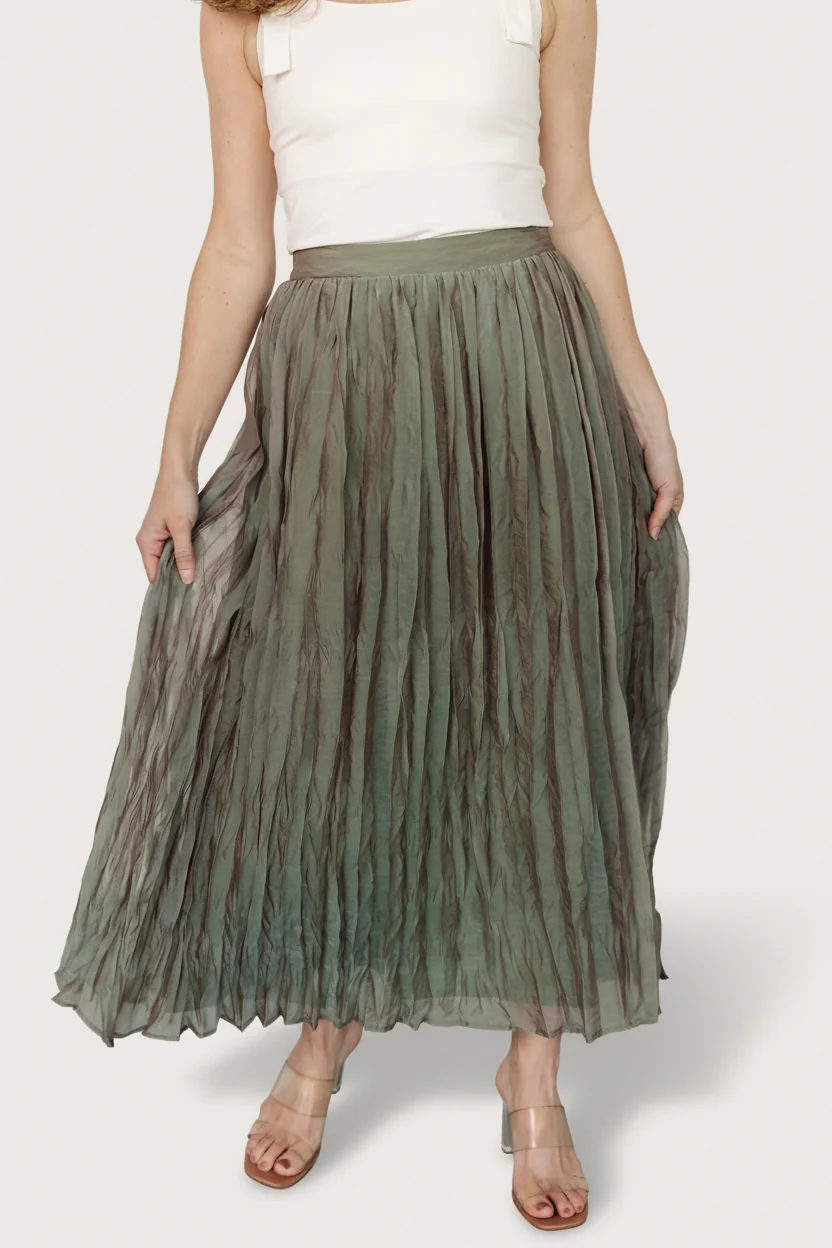 Cyra Pleated Midi Skirt — Sage, Smocked Waist
