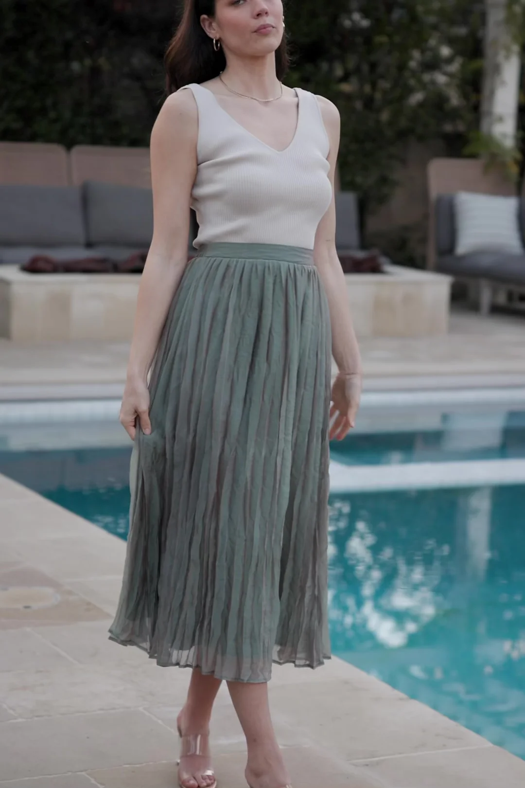 Cyra Pleated Midi Skirt — Sage, Smocked Waist