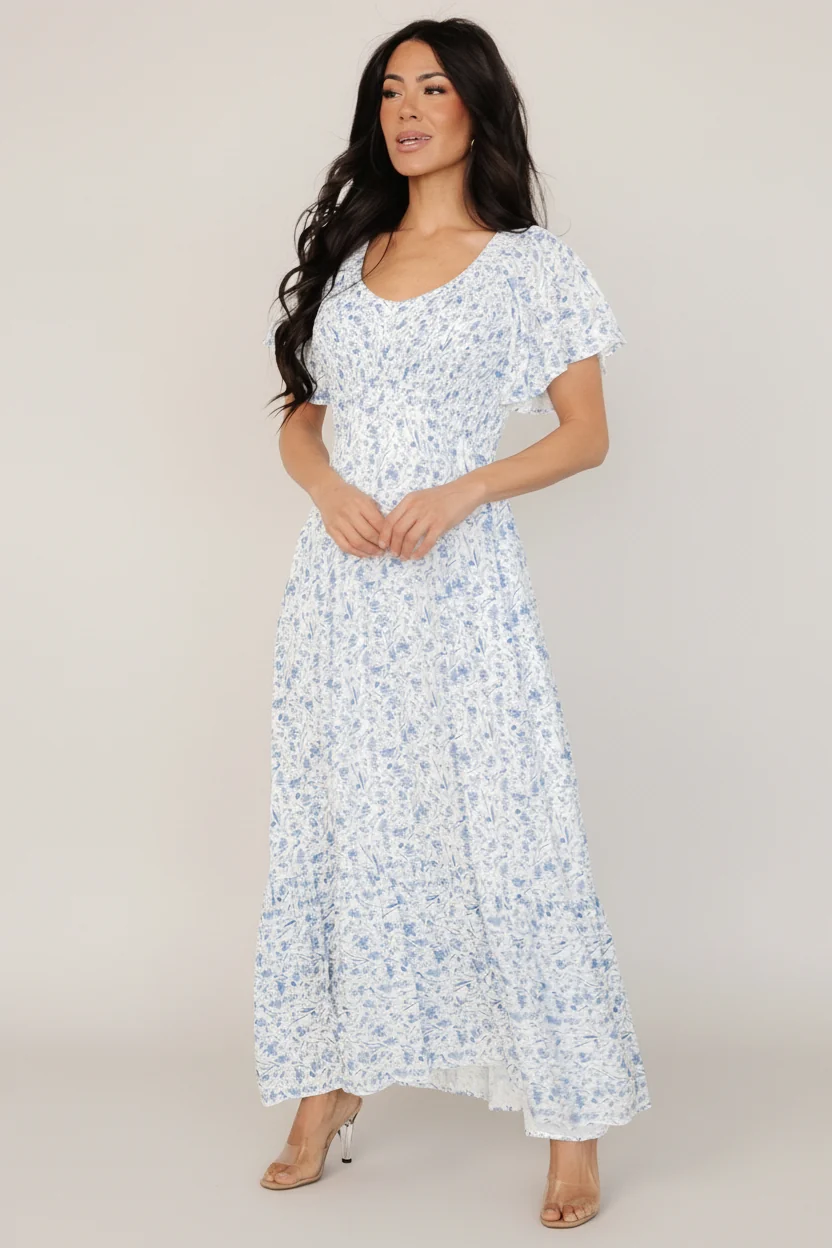 Joanie Smocked Dress — White & Blue Floral