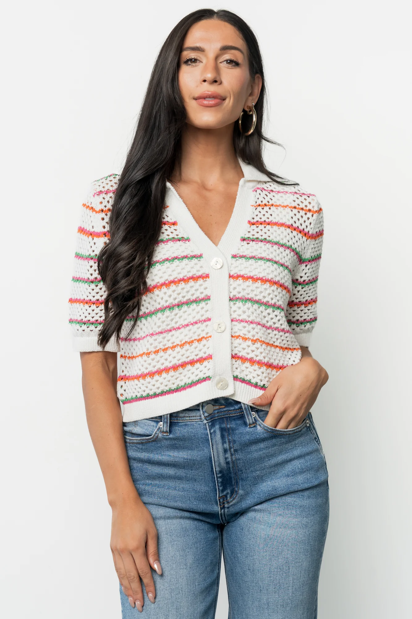 Viento Crochet Cropped Cardigan, Multi Stripe