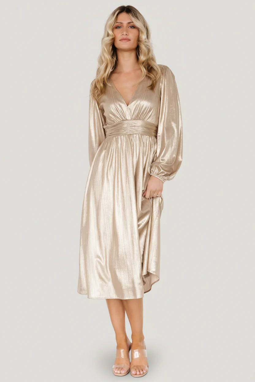Aisha Shimmer Midi Dress — Champagne V-Neck