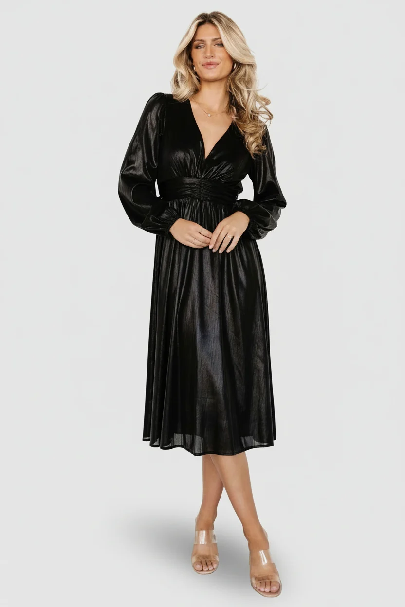 Aisha Shimmer Midi Dress - Black V-Neck