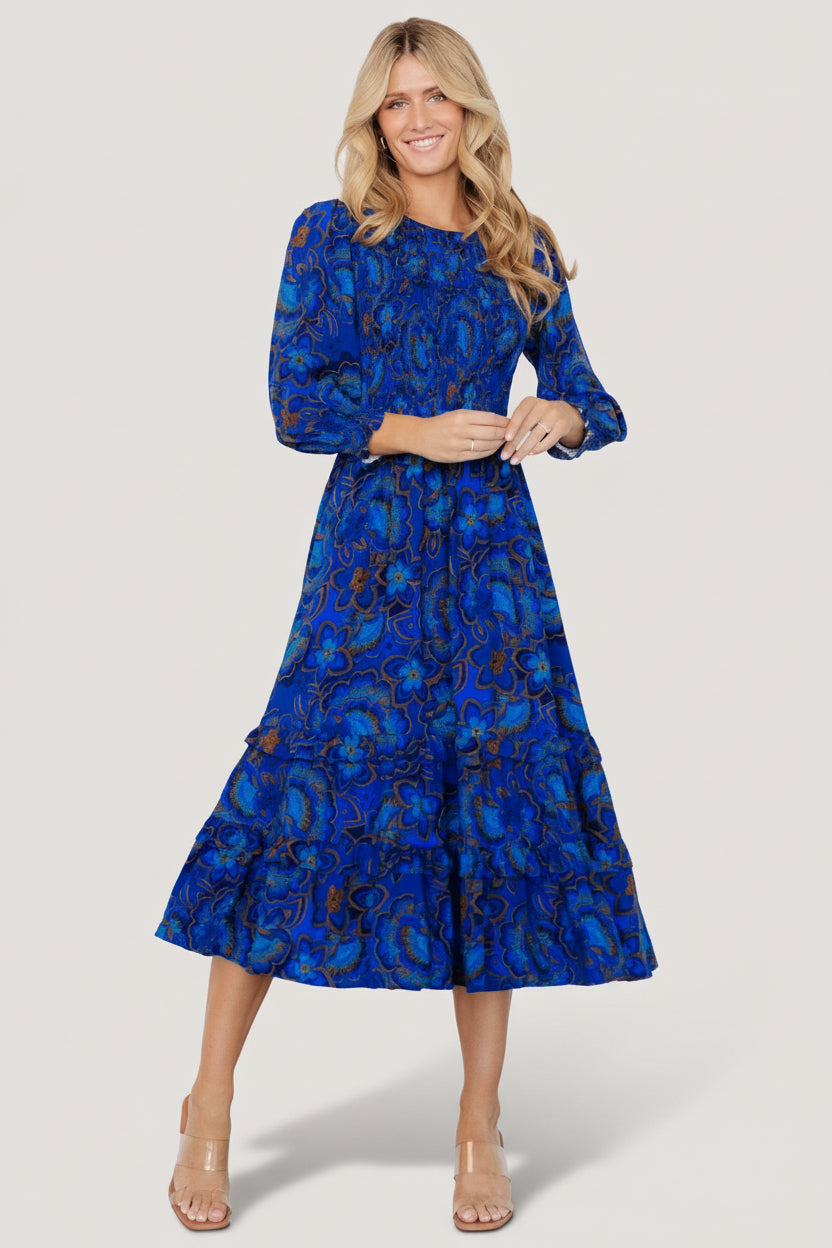 Andersen Smocked Midi Dress - Cobalt Floral