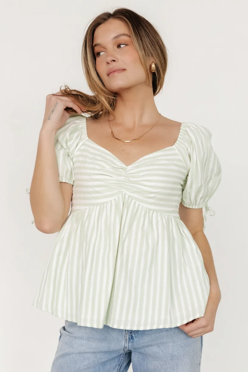Betsy Peplum Top — Green + White Stripe