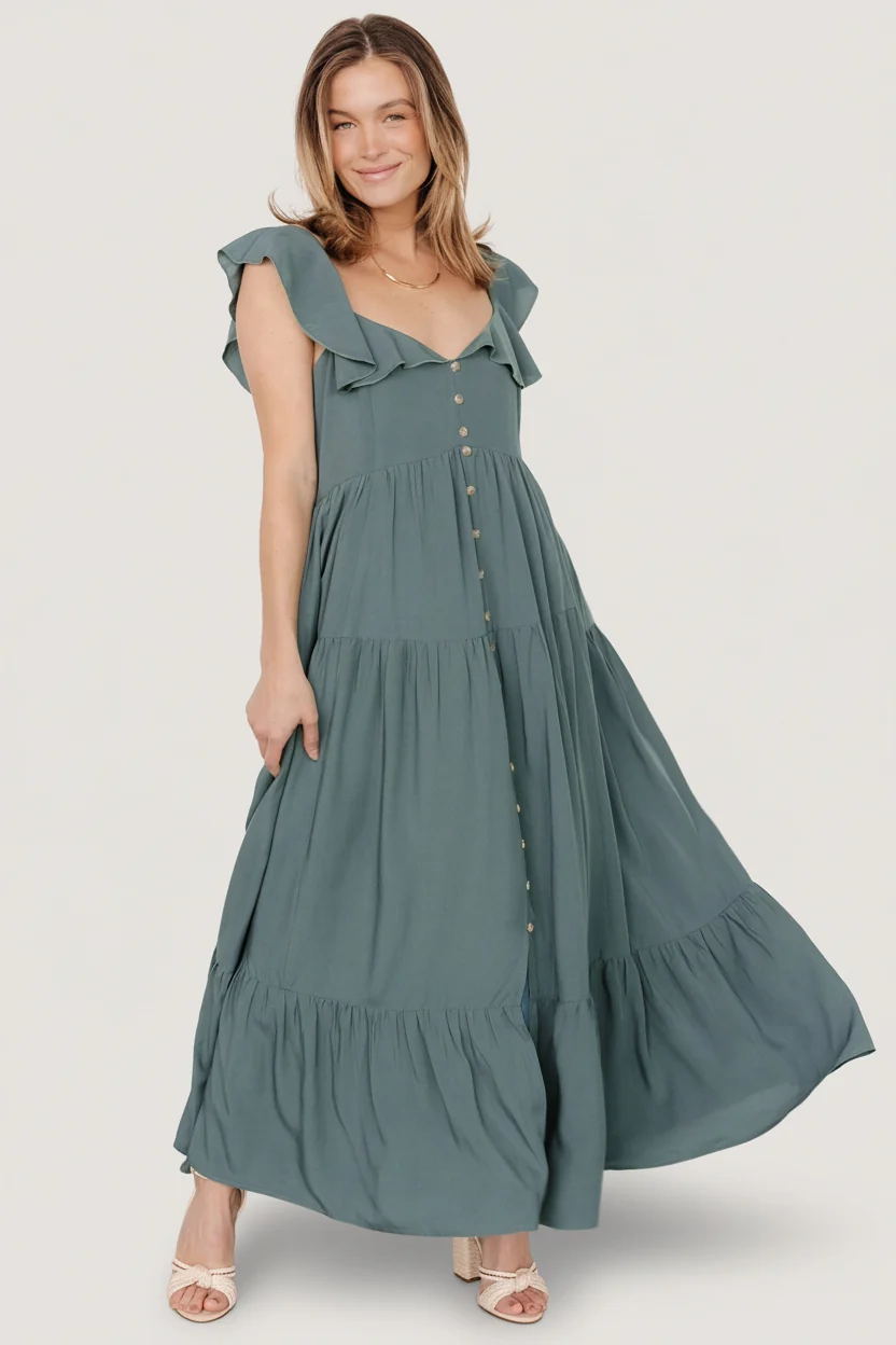 Ellie Ruffle Maxi Dress — Deep Teal