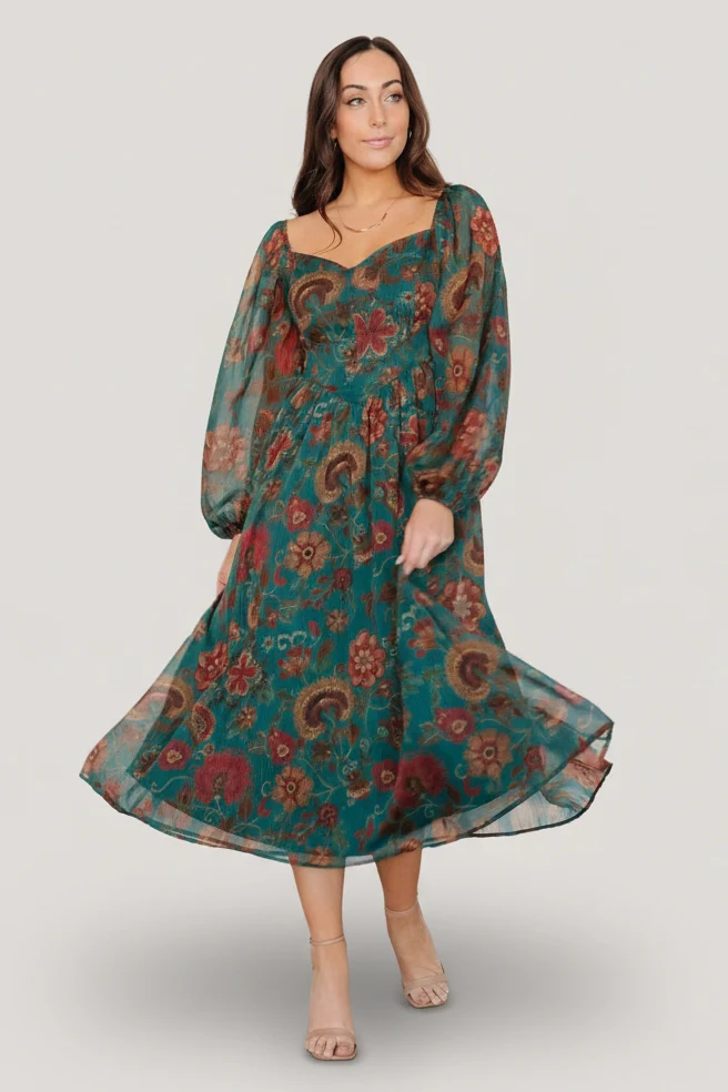 Babette Basque Midi Dress, Teal Multi Floral