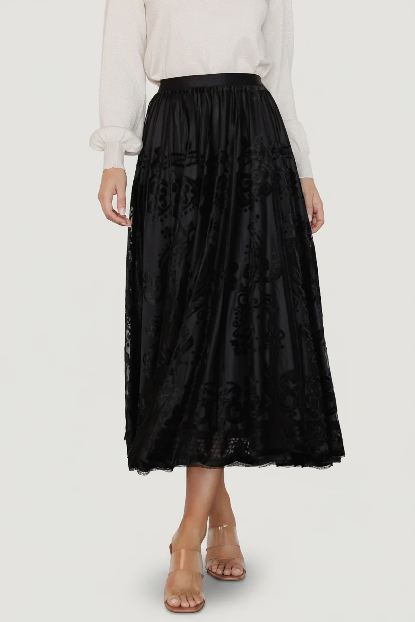 Palini Velvet Burnout Midi Skirt - Black