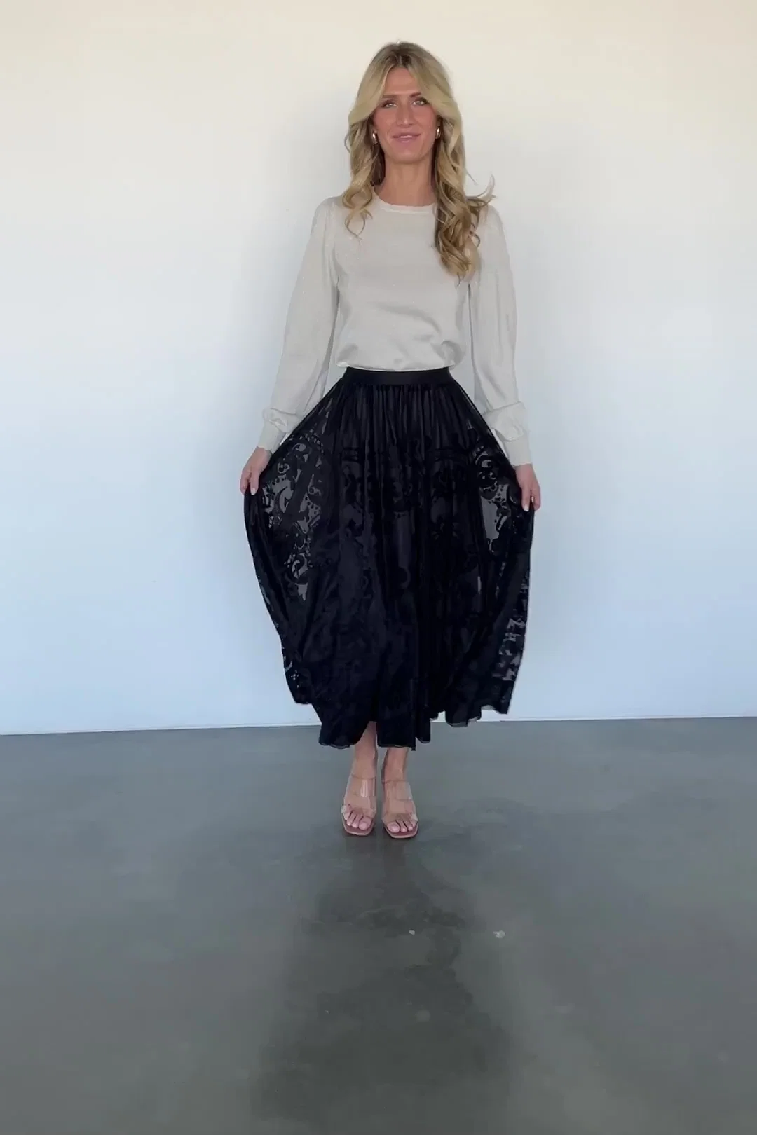 Palini Velvet Burnout Midi Skirt - Black