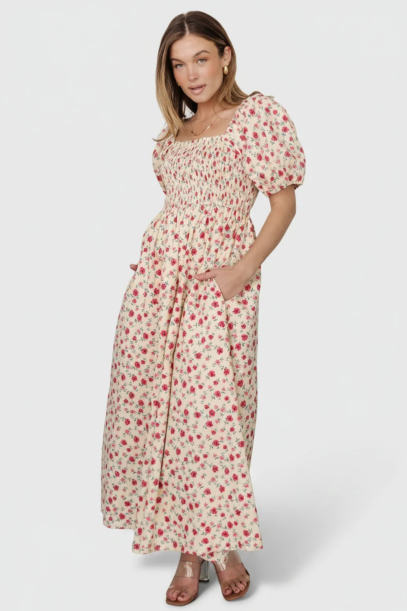 Haddie Smocked Midi Dress — Cream & Rose Floral 14 Haddie Smocked Midi Dress — Cream & Rose Floral