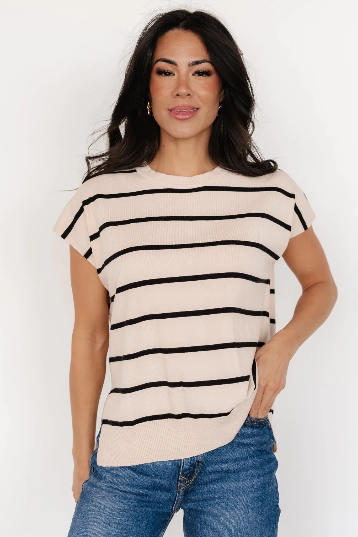 Ada Dolman Top — Natural + Black, Relaxed Knit