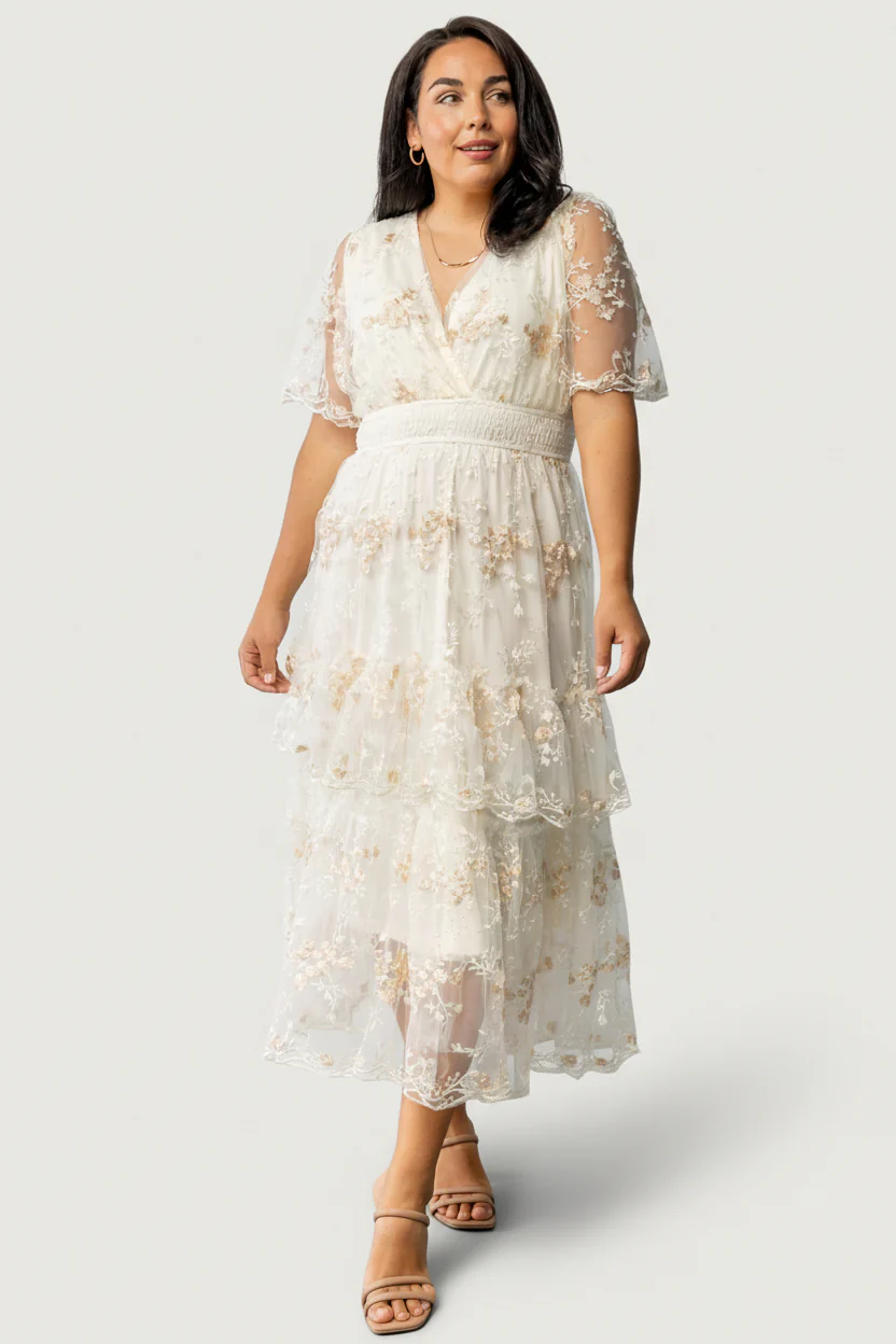 Embroidered Midi Dress - Cream Floral