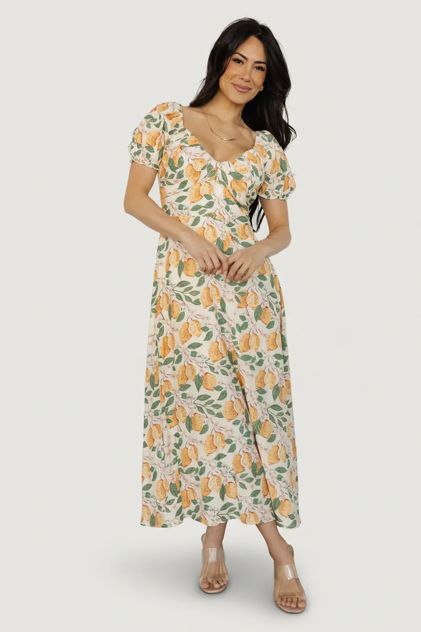 Amalfi Lemon-Print Midi Dress - V-Neck