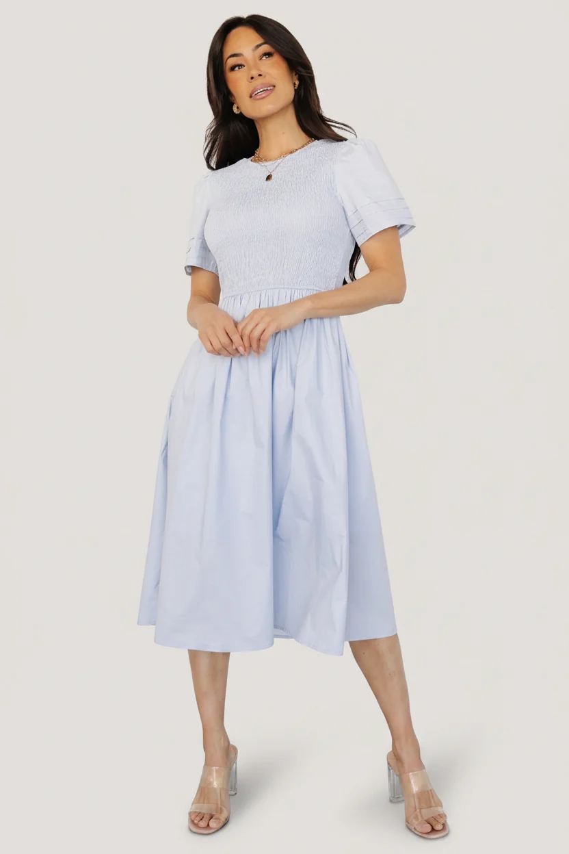 Farrah Smocked Midi Dress - Light Blue Cotton 15 Farrah Smocked Midi Dress - Light Blue Cotton