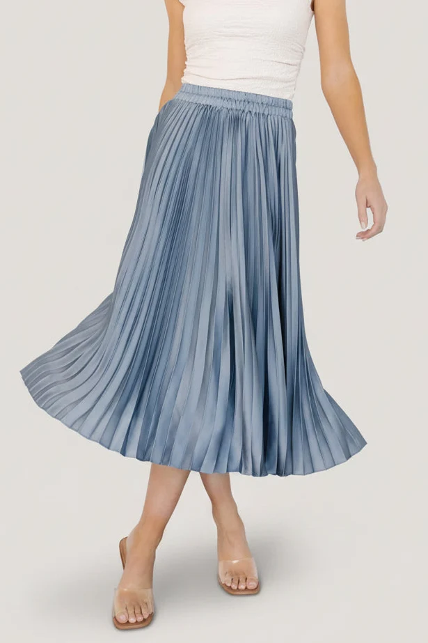 Demetria Pleated Midi Satin Skirt — Steel Blue 1 Demetria Pleated Midi Satin Skirt — Steel Blue
