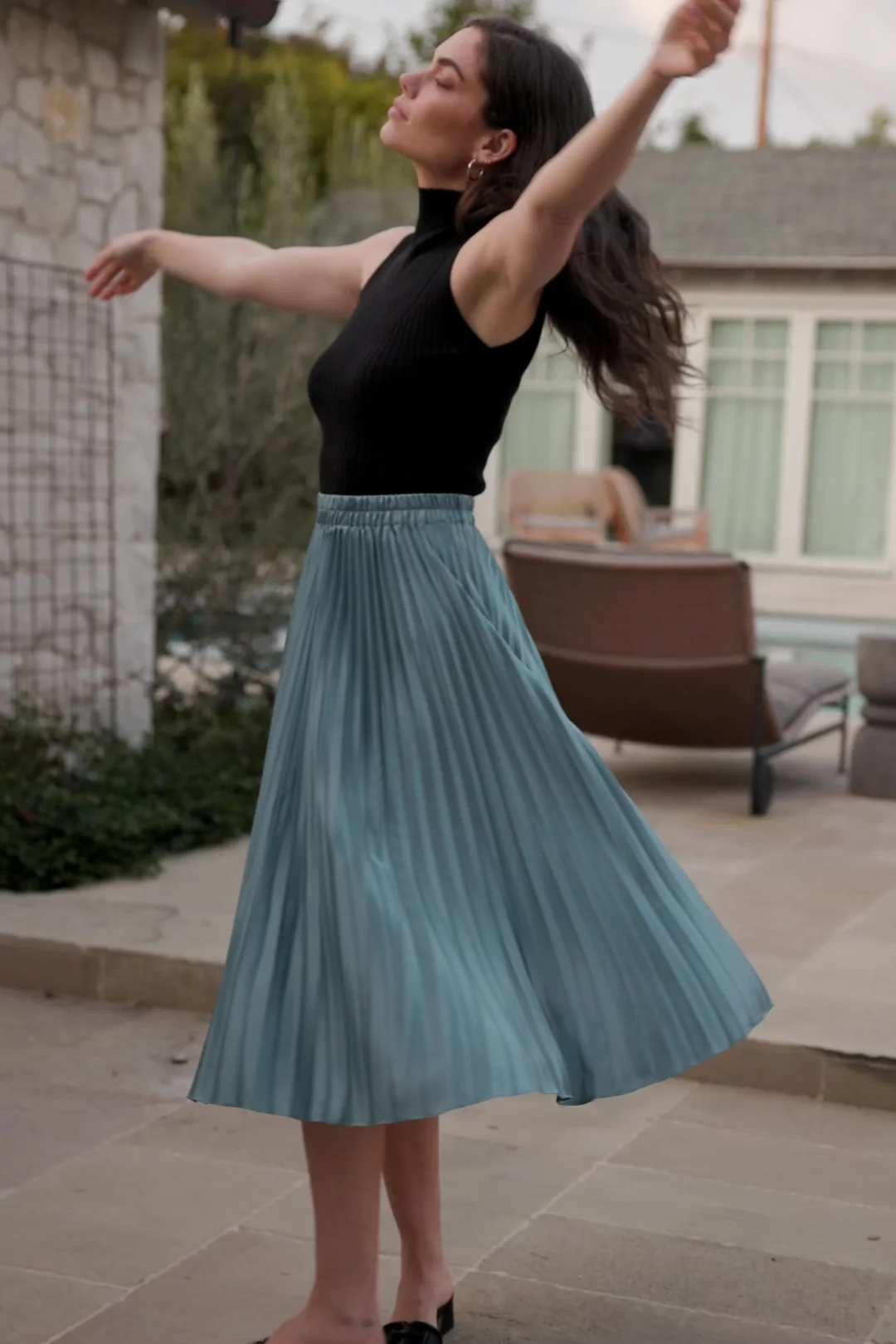 Demetria Pleated Midi Satin Skirt — Steel Blue 2 Demetria Pleated Midi Satin Skirt — Steel Blue