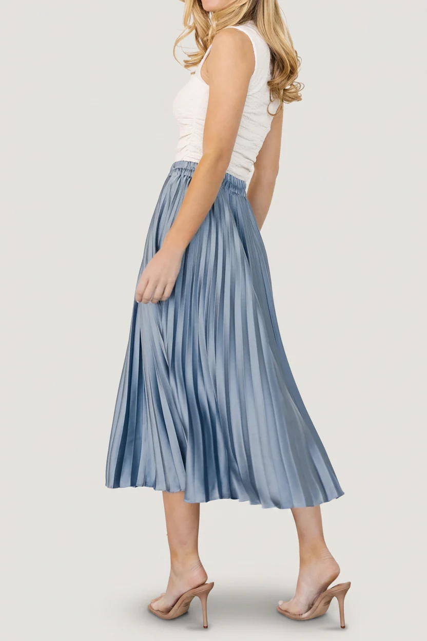 Demetria Pleated Midi Satin Skirt — Steel Blue 4 Demetria Pleated Midi Satin Skirt — Steel Blue