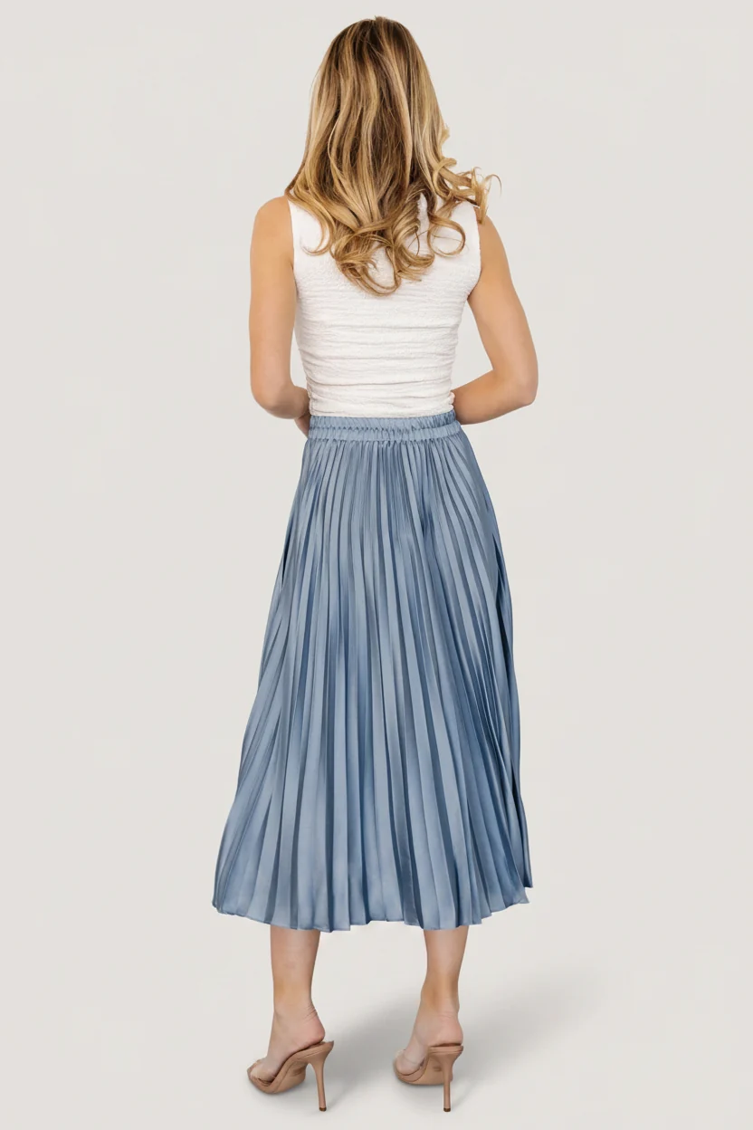 Demetria Pleated Midi Satin Skirt — Steel Blue 5 Demetria Pleated Midi Satin Skirt — Steel Blue