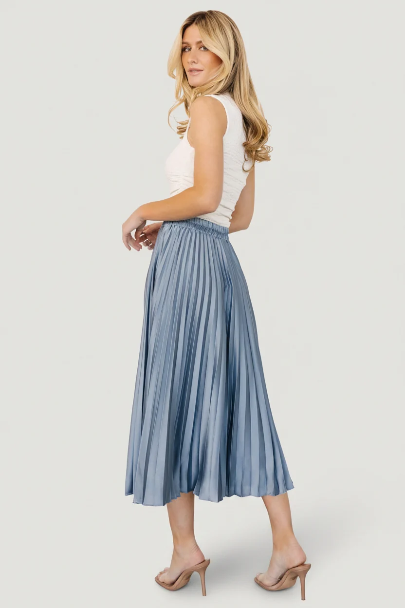 Demetria Pleated Midi Satin Skirt — Steel Blue 7 Demetria Pleated Midi Satin Skirt — Steel Blue
