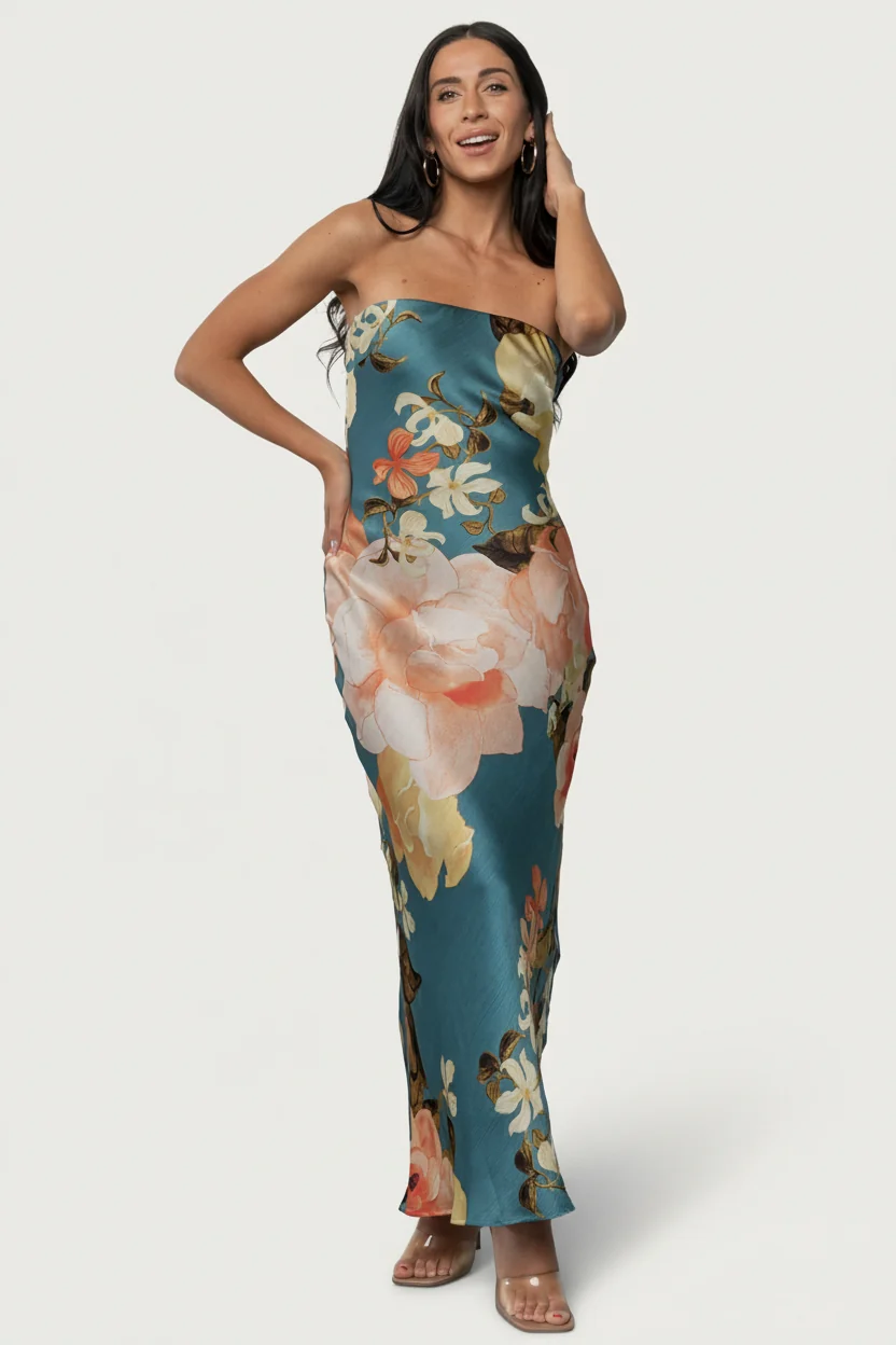 Hermosa Strapless Maxi Dress, Teal Floral