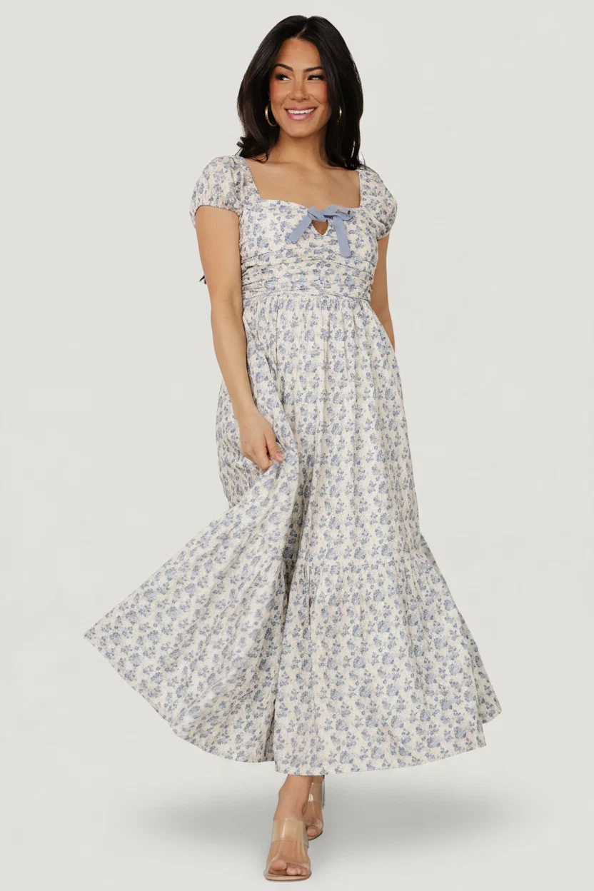 Haven Bow Maxi Dress, Ivory & Blue Floral