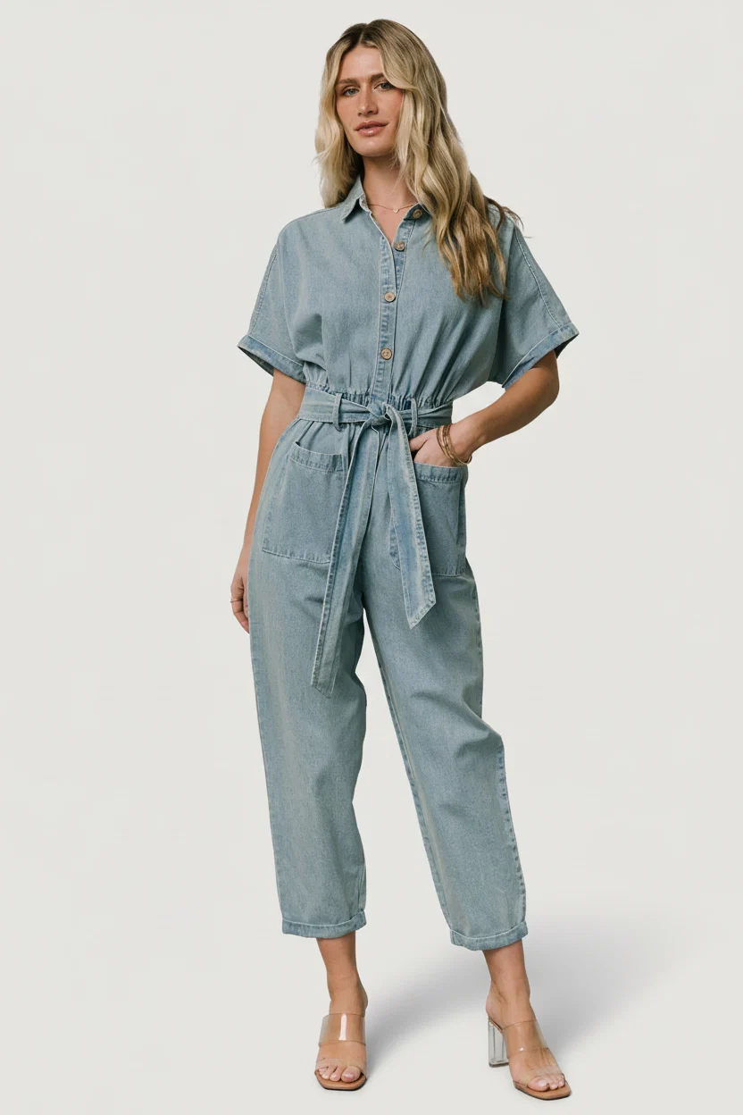 Mateo Button-Up Jumpsuit - Washed Denim