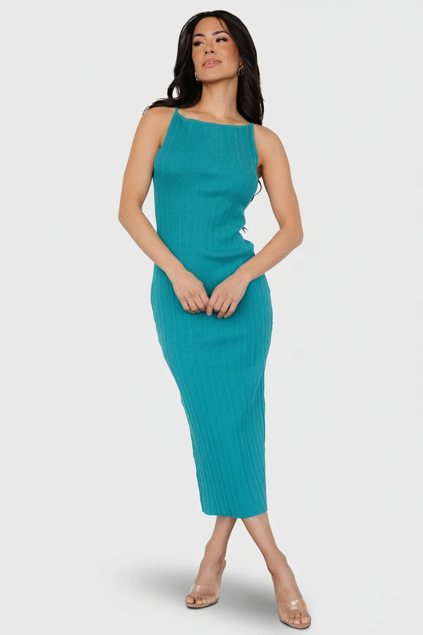 Natia Tank Dress — Teal Rib-Knit Midi Dress