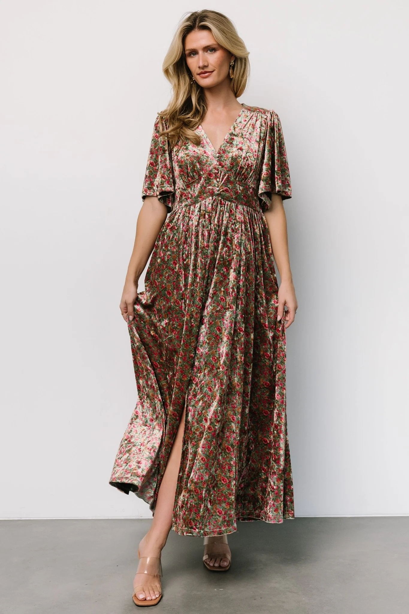 Irina Velvet Maxi Dress - Green Multi Floral