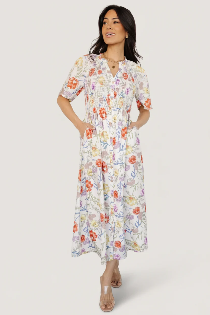 Botega Midi Dress — Ivory Multi Floral Midi