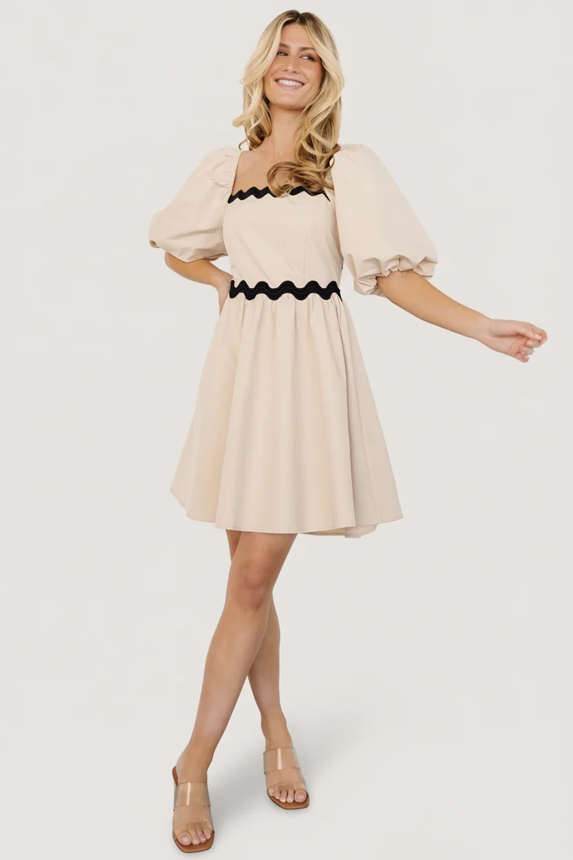 Cecelia Short Dress in Sand with Ric Rac Trim