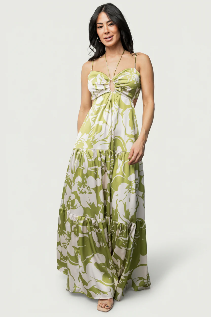 Querida Maxi Dress — Green Floral Satin Maxi