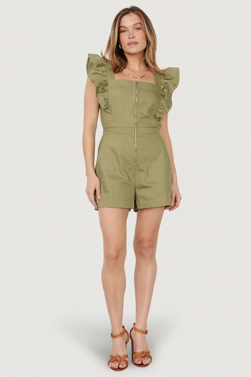 Montgomery Denim Romper — Olive, Zip & Pockets 1 Montgomery Denim Romper — Olive, Zip & Pockets