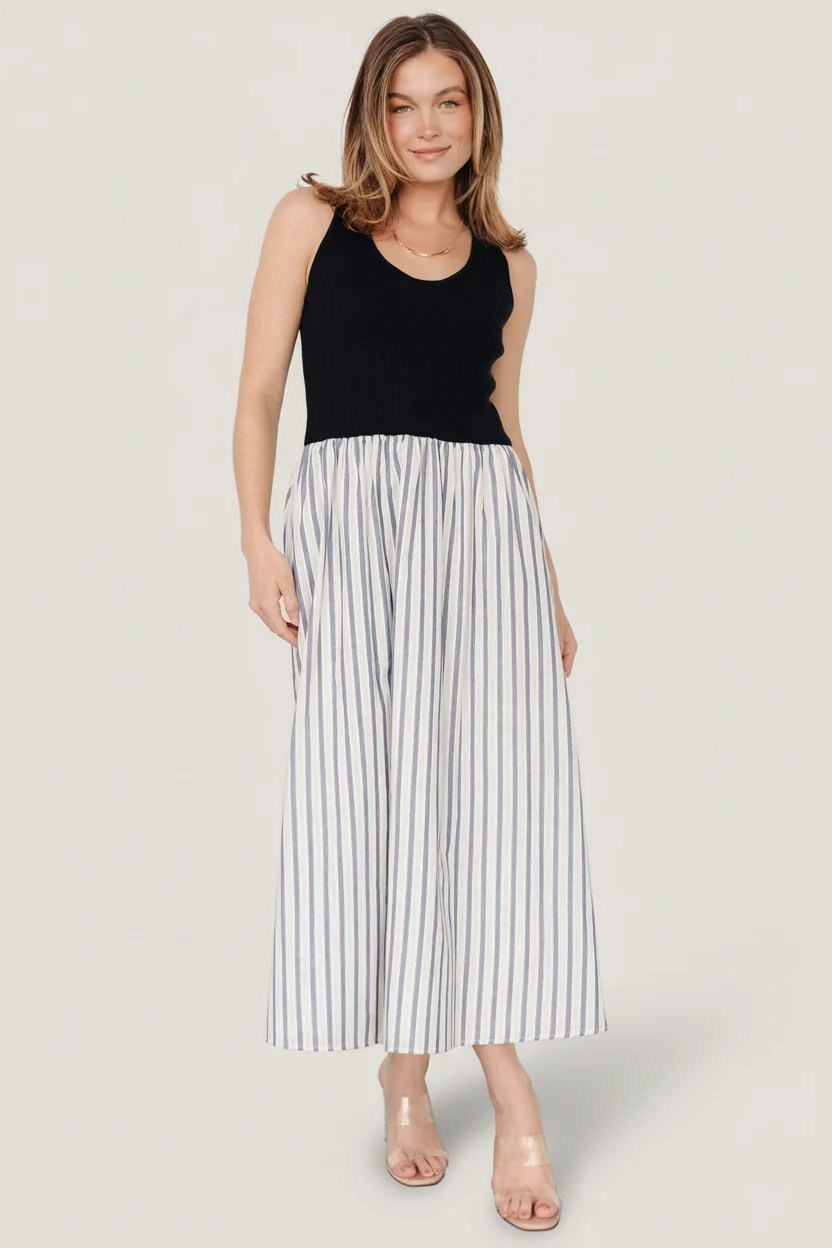Marbella Tank Midi Dress, Navy Stripe
