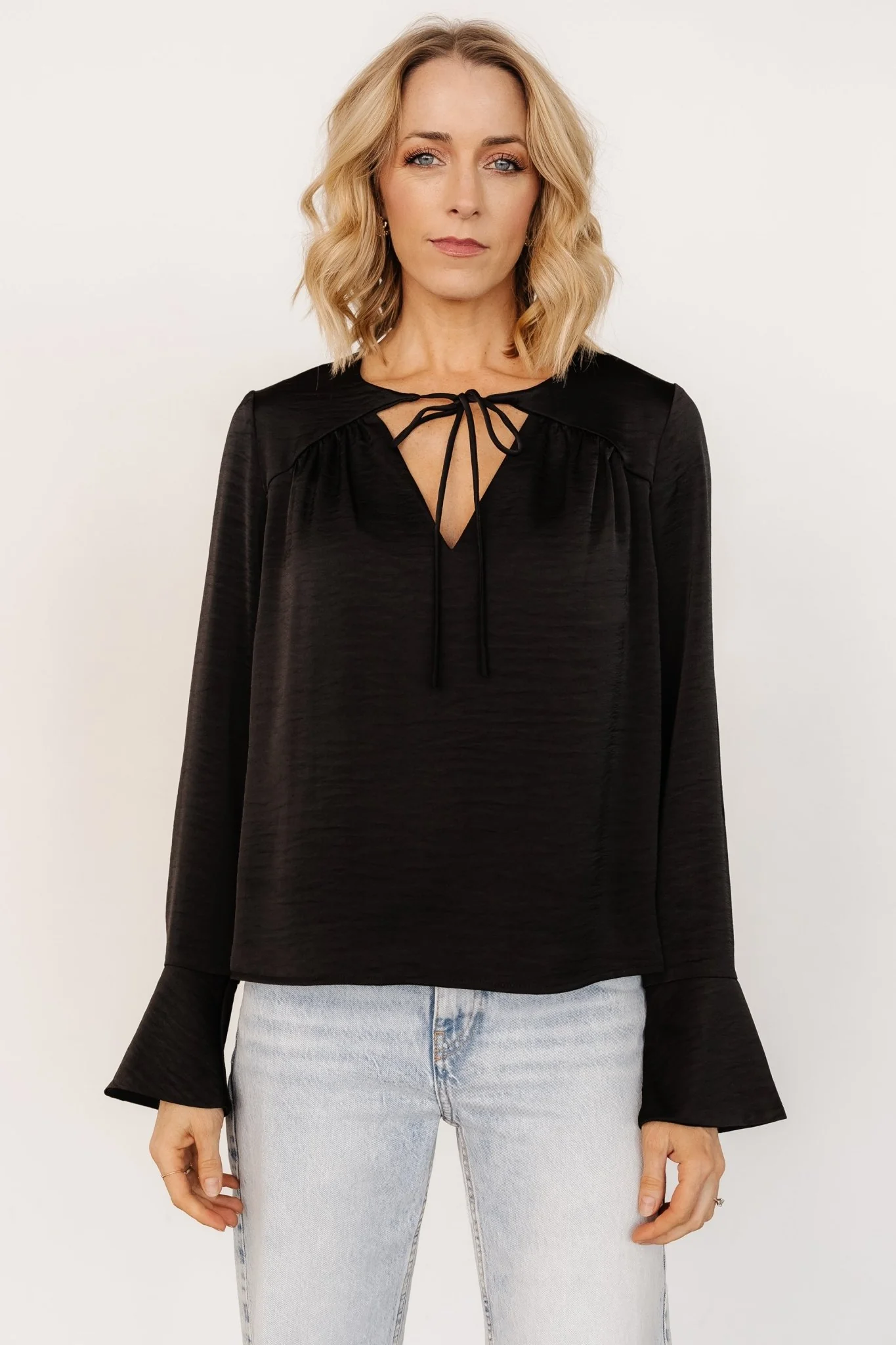 Westminster Satin V-Neck Tie Top in Black