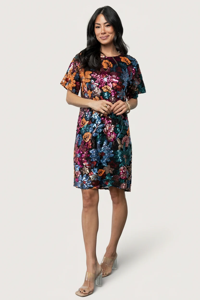 Squires Sequin Short Dress - Black Multi