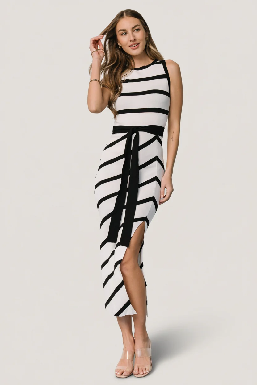 Chelsea Knit Midi Dress — White & Black Stripe 1 Chelsea Knit Midi Dress — White & Black Stripe