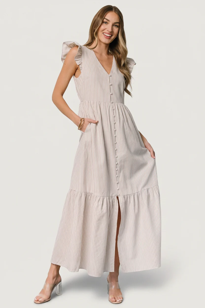 Hettie Button Maxi Dress — Beige Stripe