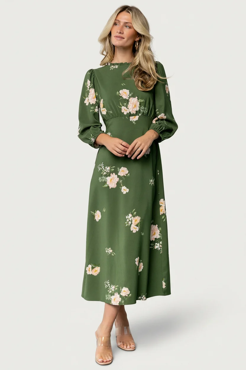 Karalie Maxi Dress — Green Floral Ruffle Neck