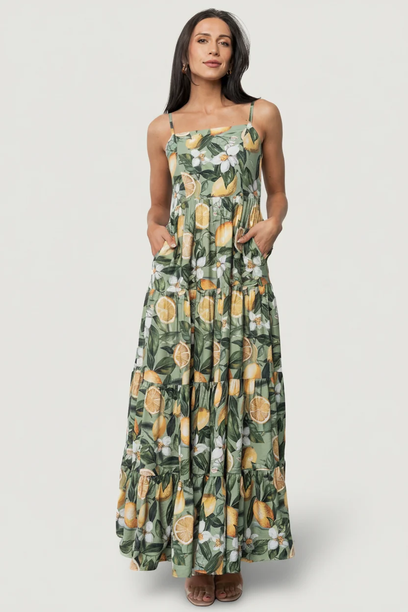 Silvia Tiered Maxi Dress, Sage Lemon Print 1 Silvia Tiered Maxi Dress, Sage Lemon Print