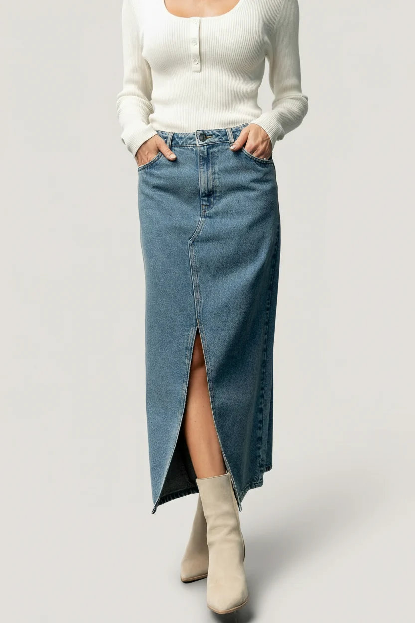 Aleksa Denim Midi Skirt Medium Wash Pockets