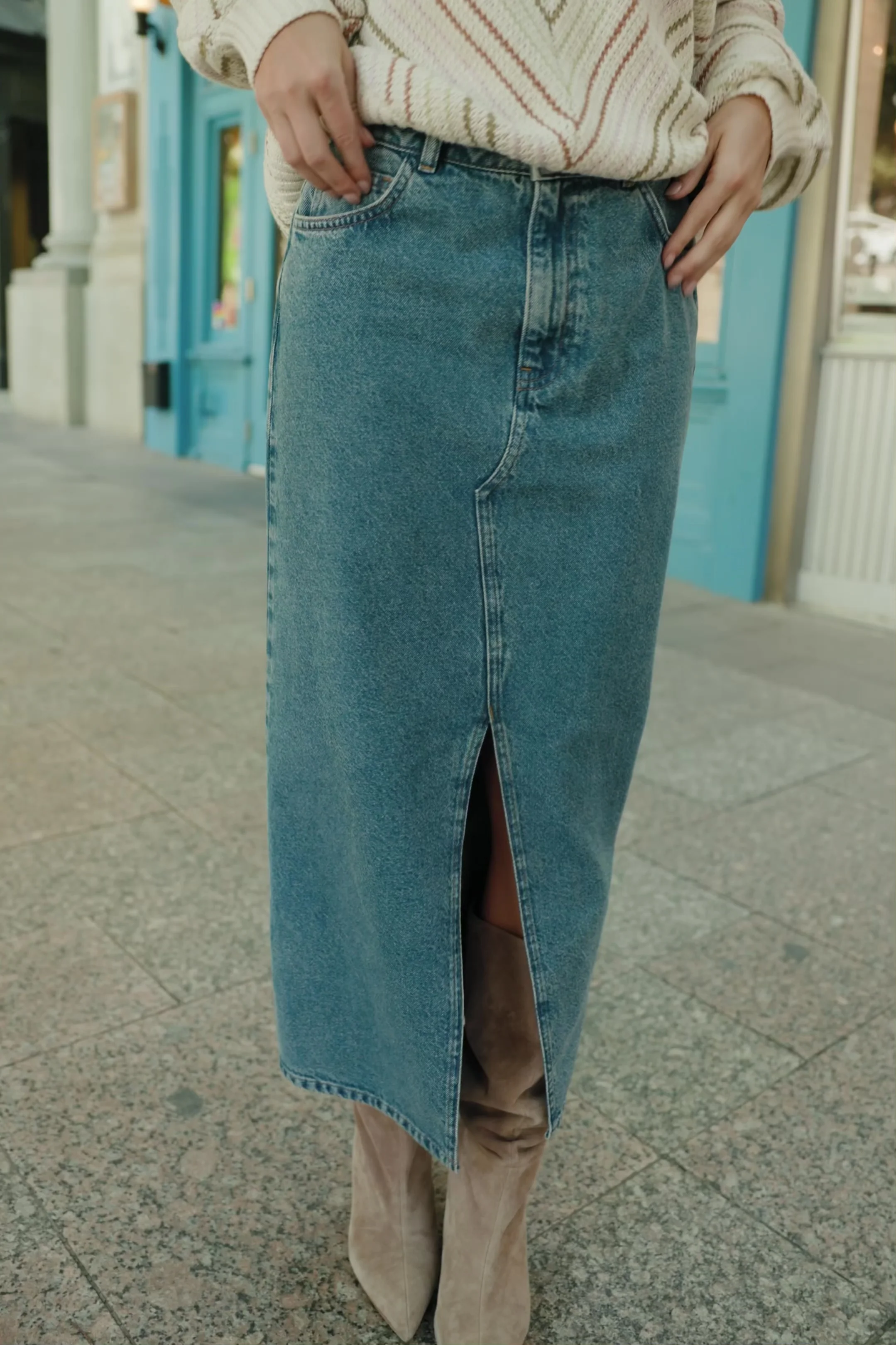 Aleksa Denim Midi Skirt Medium Wash Pockets