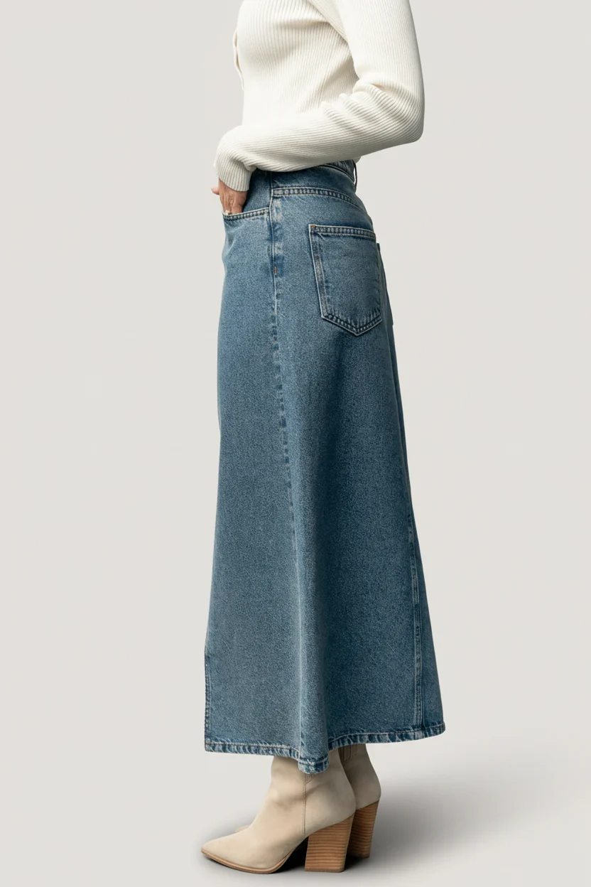 Aleksa Denim Midi Skirt Medium Wash Pockets 4 Aleksa Denim Midi Skirt Medium Wash Pockets