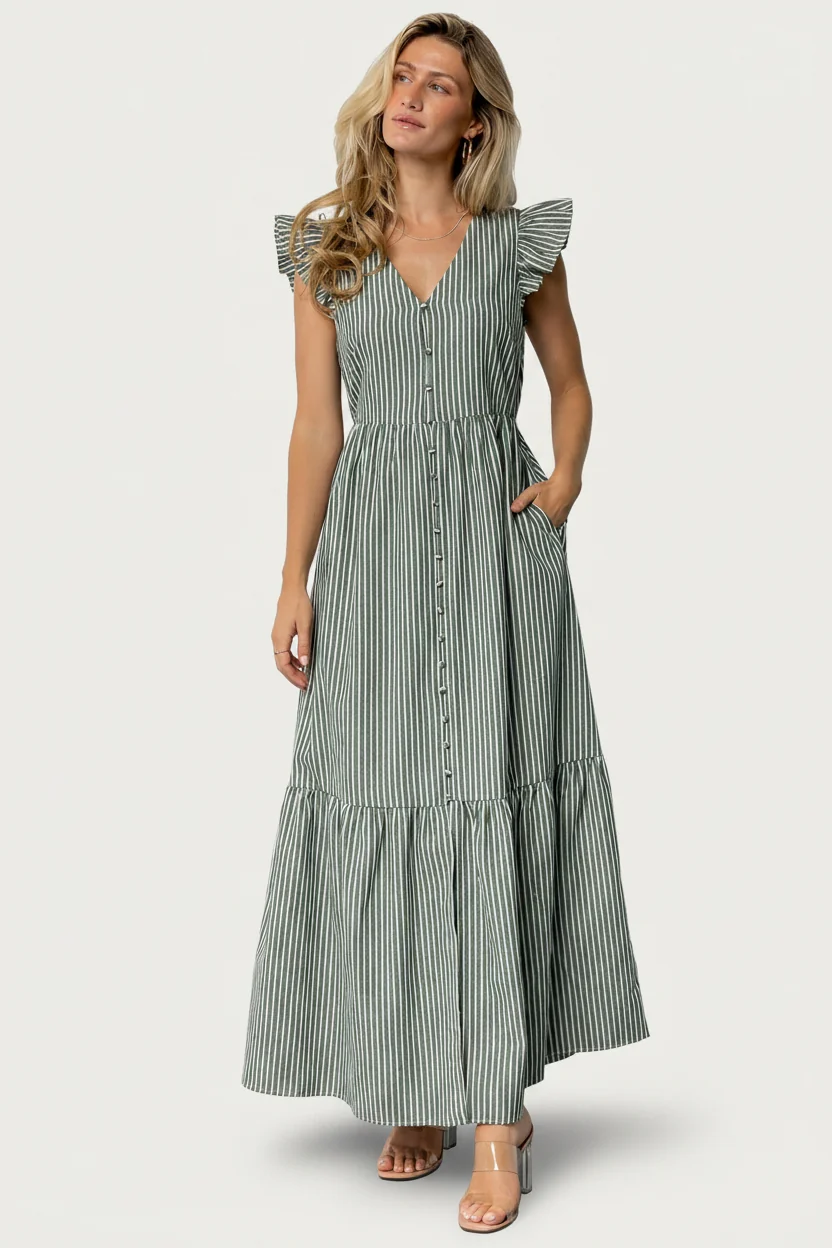 Hettie Button Maxi Dress — Green Stripe 1 Hettie Button Maxi Dress — Green Stripe