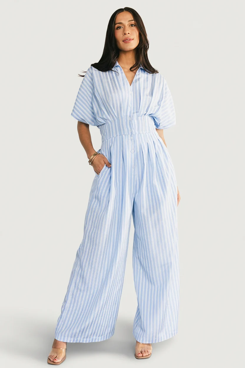 Sariah Jumpsuit — Blue Stripe V-Neck & Pockets 1 Sariah Jumpsuit — Blue Stripe V-Neck & Pockets