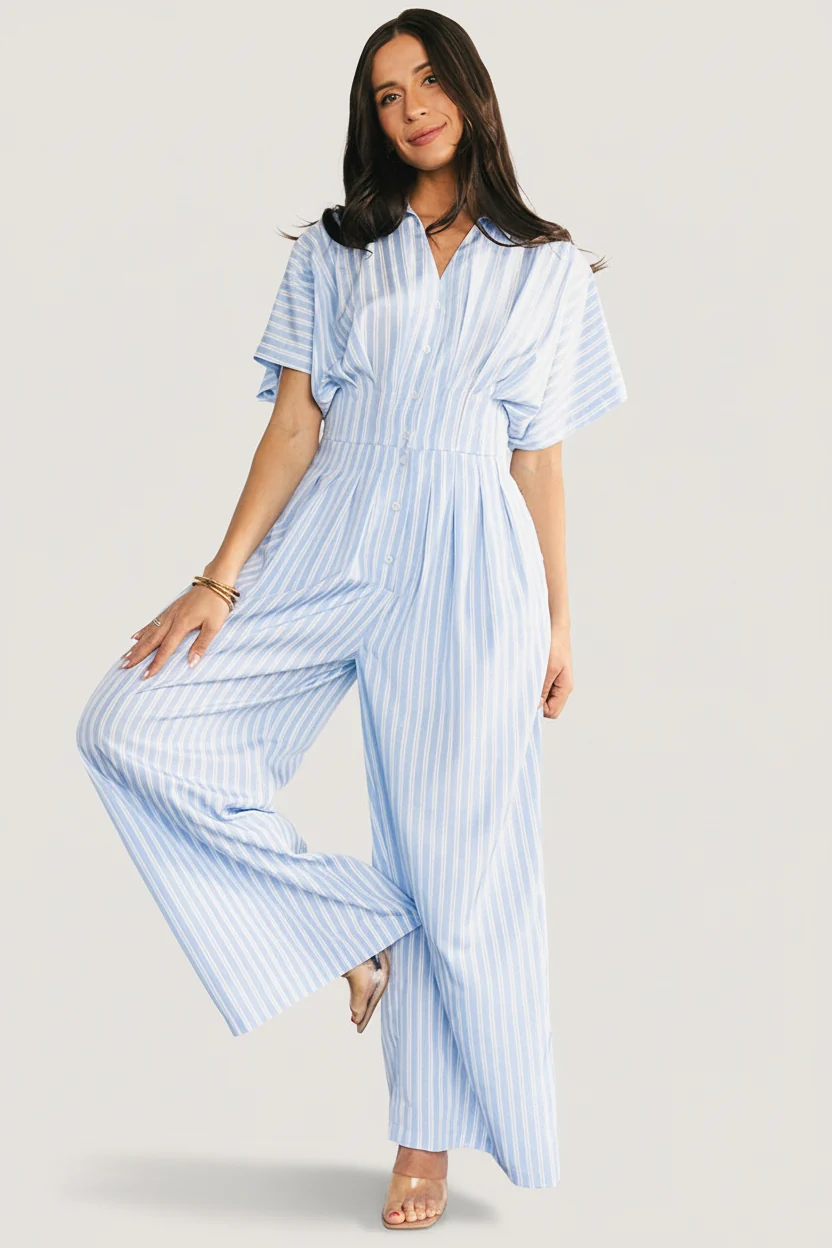Sariah Jumpsuit — Blue Stripe V-Neck & Pockets 4 Sariah Jumpsuit — Blue Stripe V-Neck & Pockets