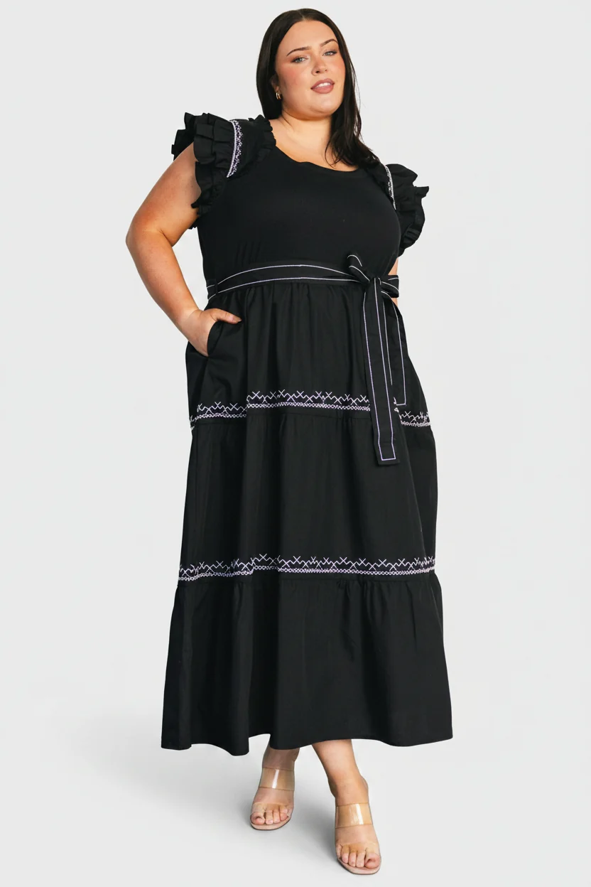 Elisa Embroidered Midi Dress — Black