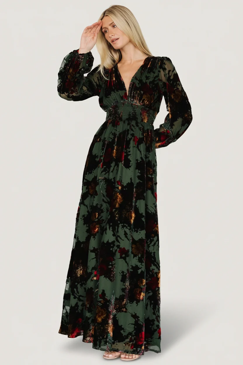 Mikla Velvet Maxi Dress, Wintergreen Multi