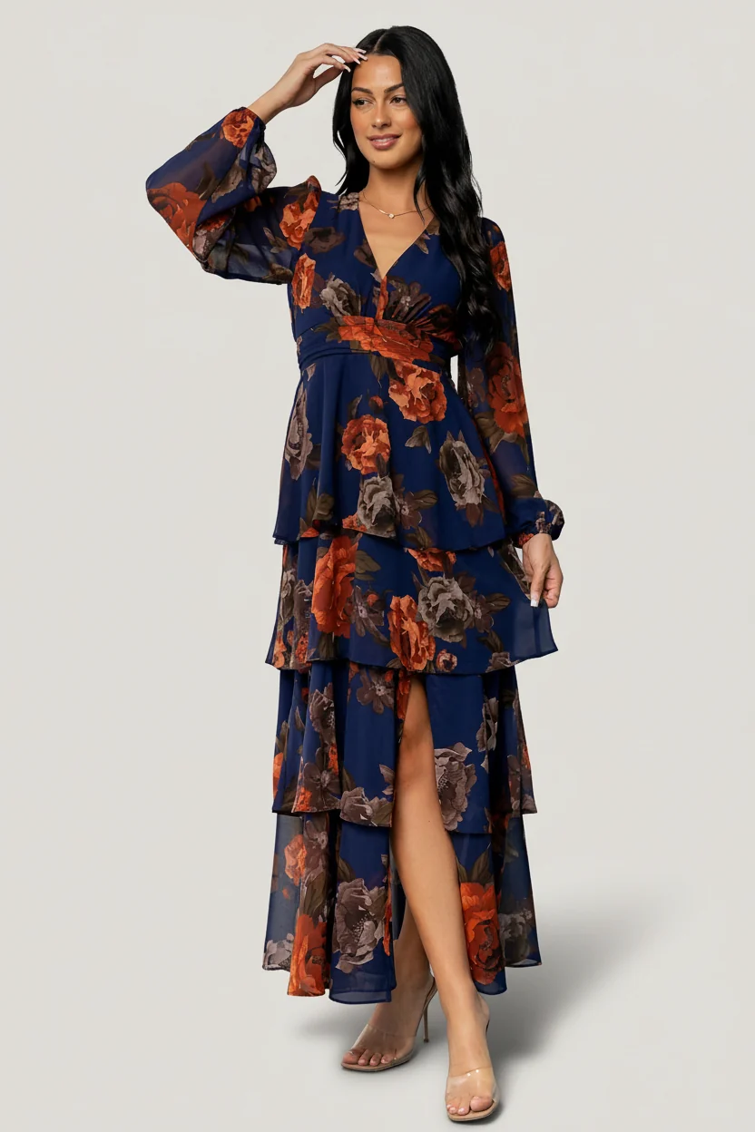Mariella Tiered Maxi Dress - Navy & Rust